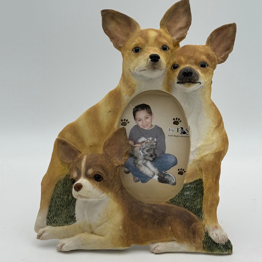 E&S Pets Chihuahua Dog Resin Picture Frame Tan White 3D Sculptural Tabletop